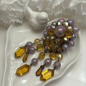VINTAGE TOPAZ CRYSTAL LAVENDER BEADED CHANDELIER BROOCH